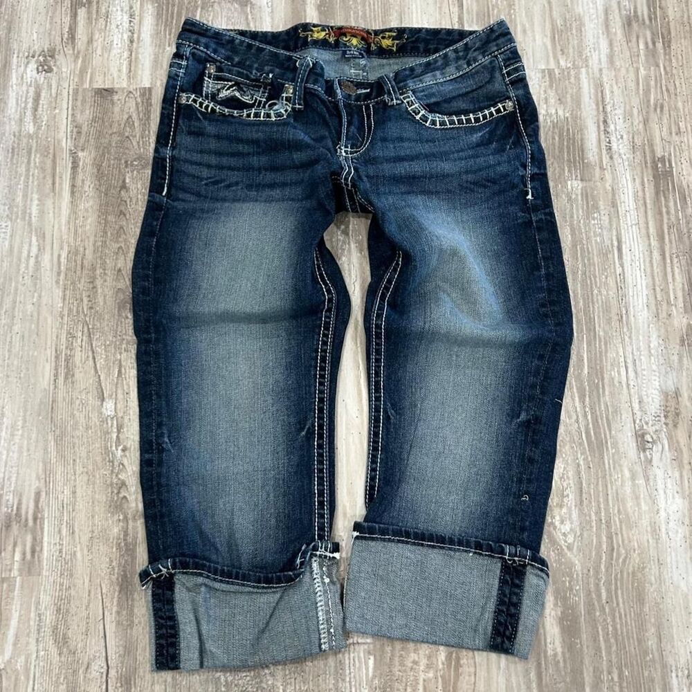 Maurices Women's y2k glam McBling faded low-rise capri jeans w/ embroidered deta